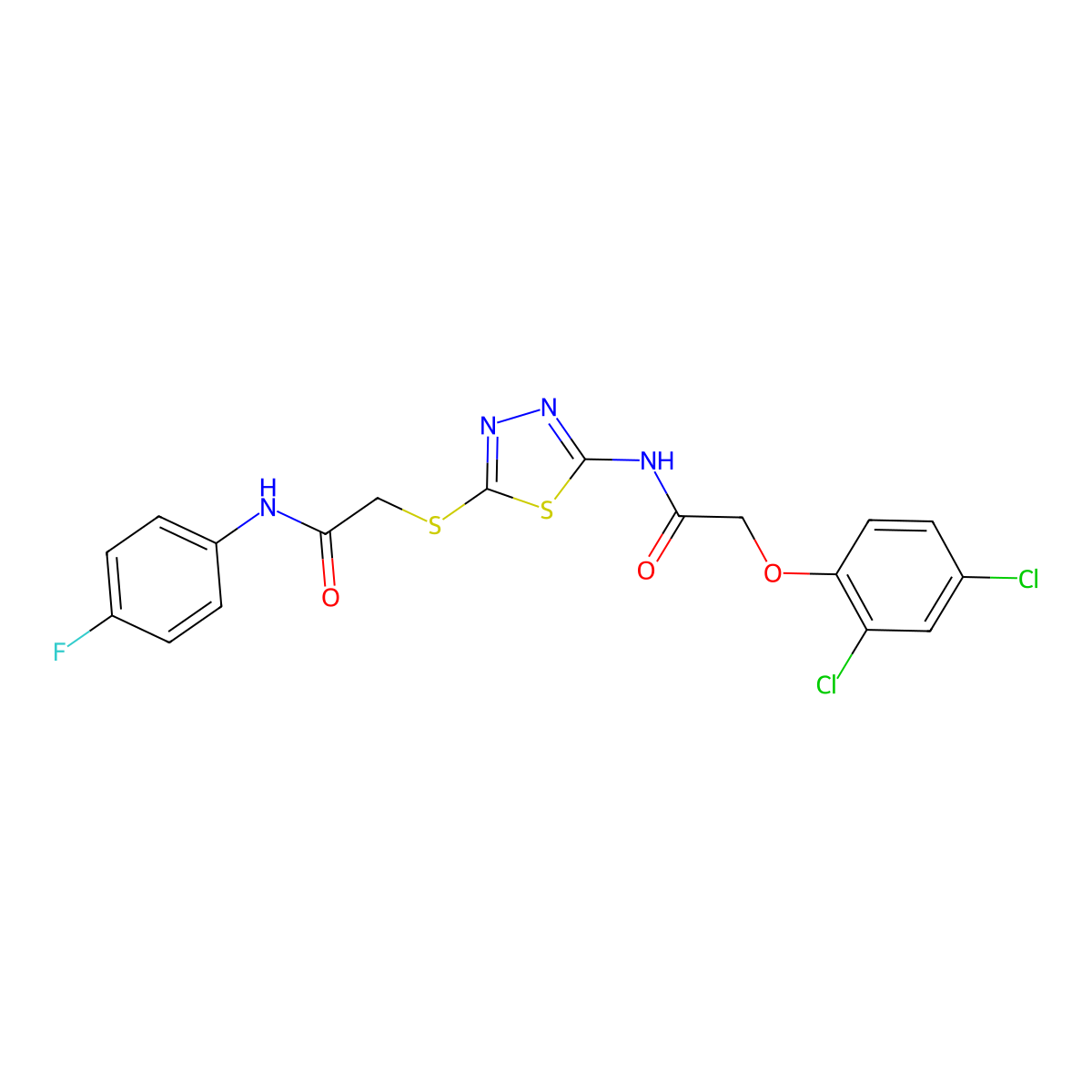 2-(2,4-dichlorophenoxy)-N-(5-((2-((4-fluorophenyl)amino)-2-oxoethyl)thio)-1,3,4-thiadiazol-2-yl)acetamide molecular structure, CAS 392297-41-5