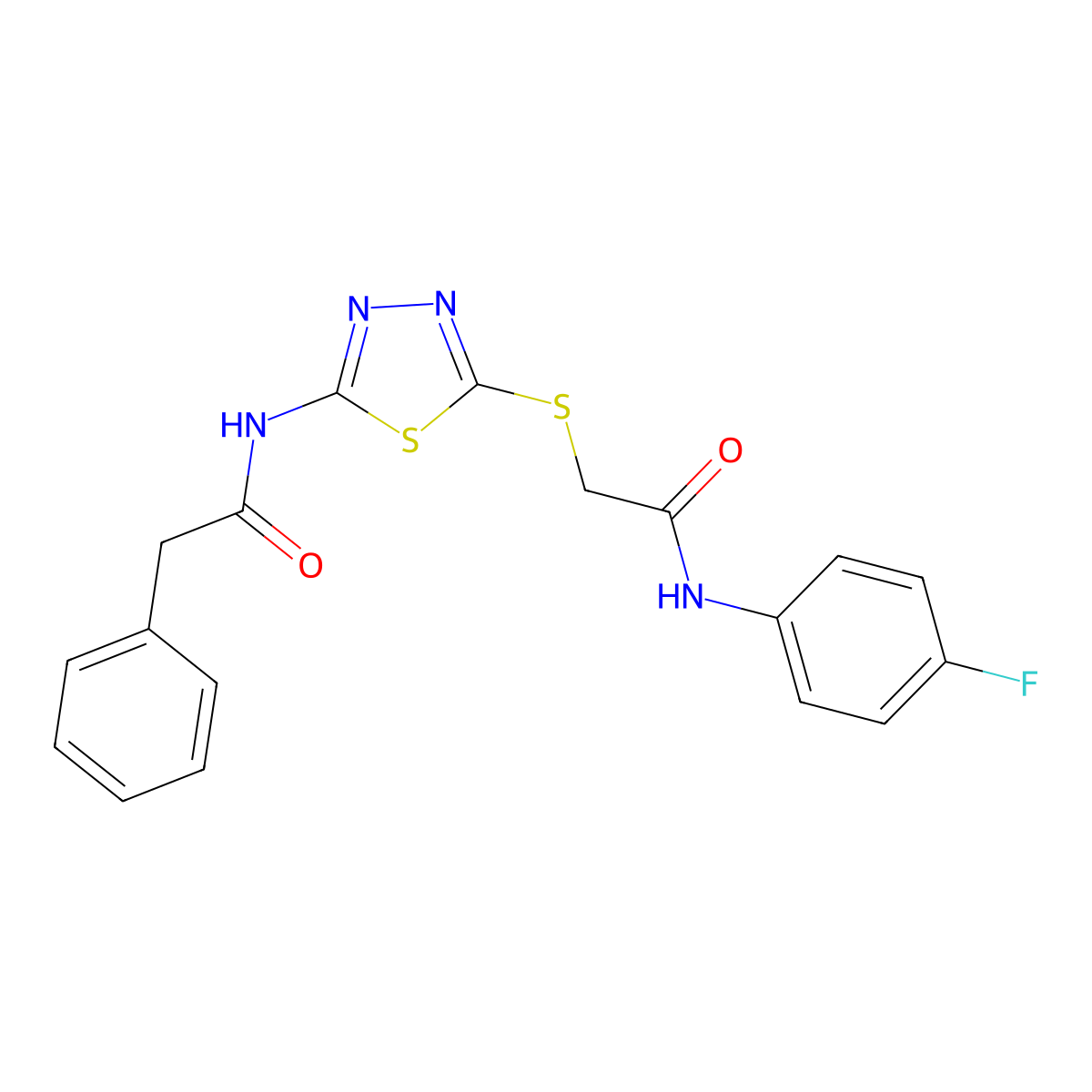 N-(4-fluorophenyl)-2-((5-(2-phenylacetamido)-1,3,4-thiadiazol-2-yl)thio)acetamide molecular structure, CAS 392297-42-6