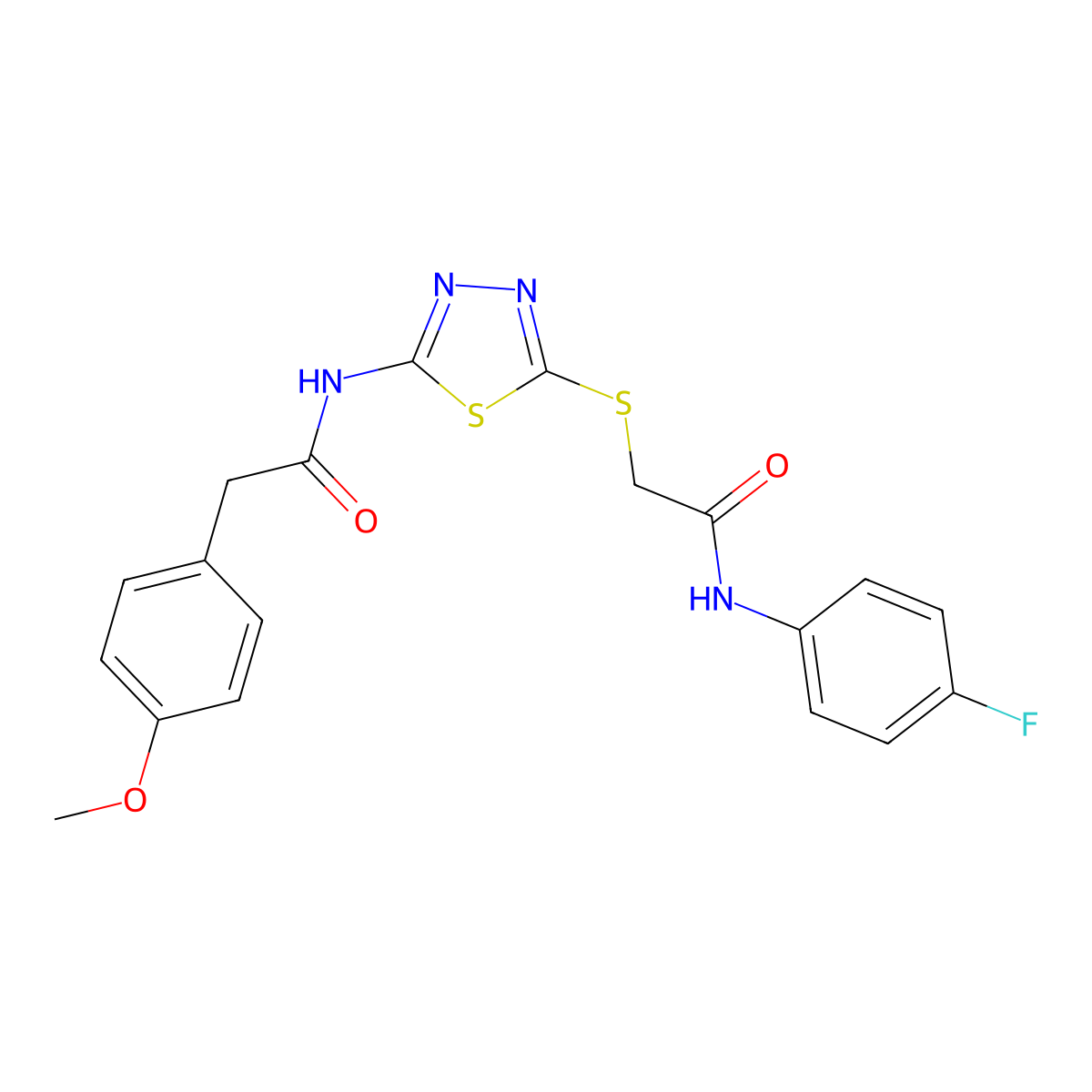 N-(4-fluorophenyl)-2-((5-(2-(4-methoxyphenyl)acetamido)-1,3,4-thiadiazol-2-yl)thio)acetamide molecular structure, CAS 392297-43-7