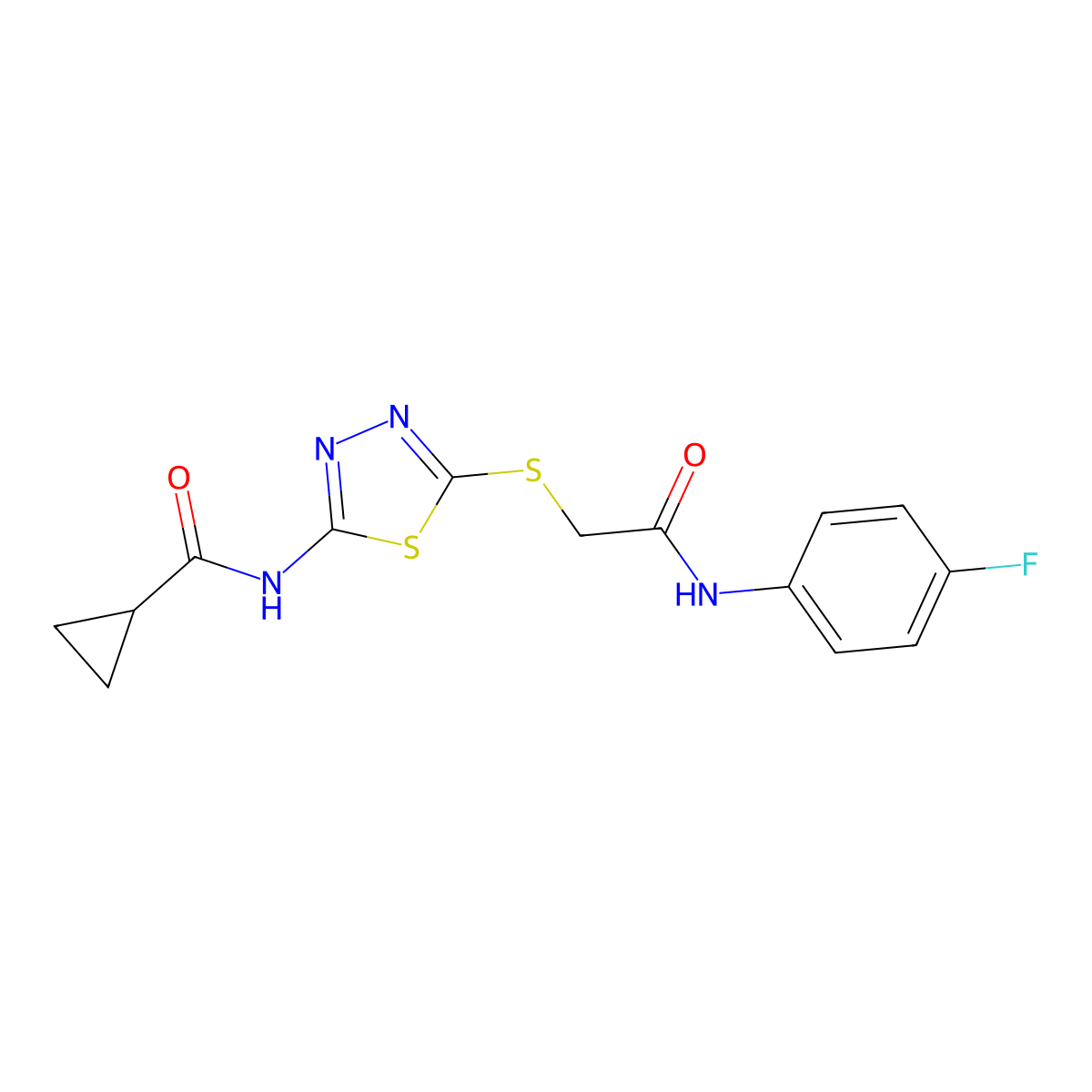 N-[5-[2-(4-fluoroanilino)-2-oxoethyl]sulfanyl-1,3,4-thiadiazol-2-yl]cyclopropanecarboxamide molecular structure, CAS 392297-45-9