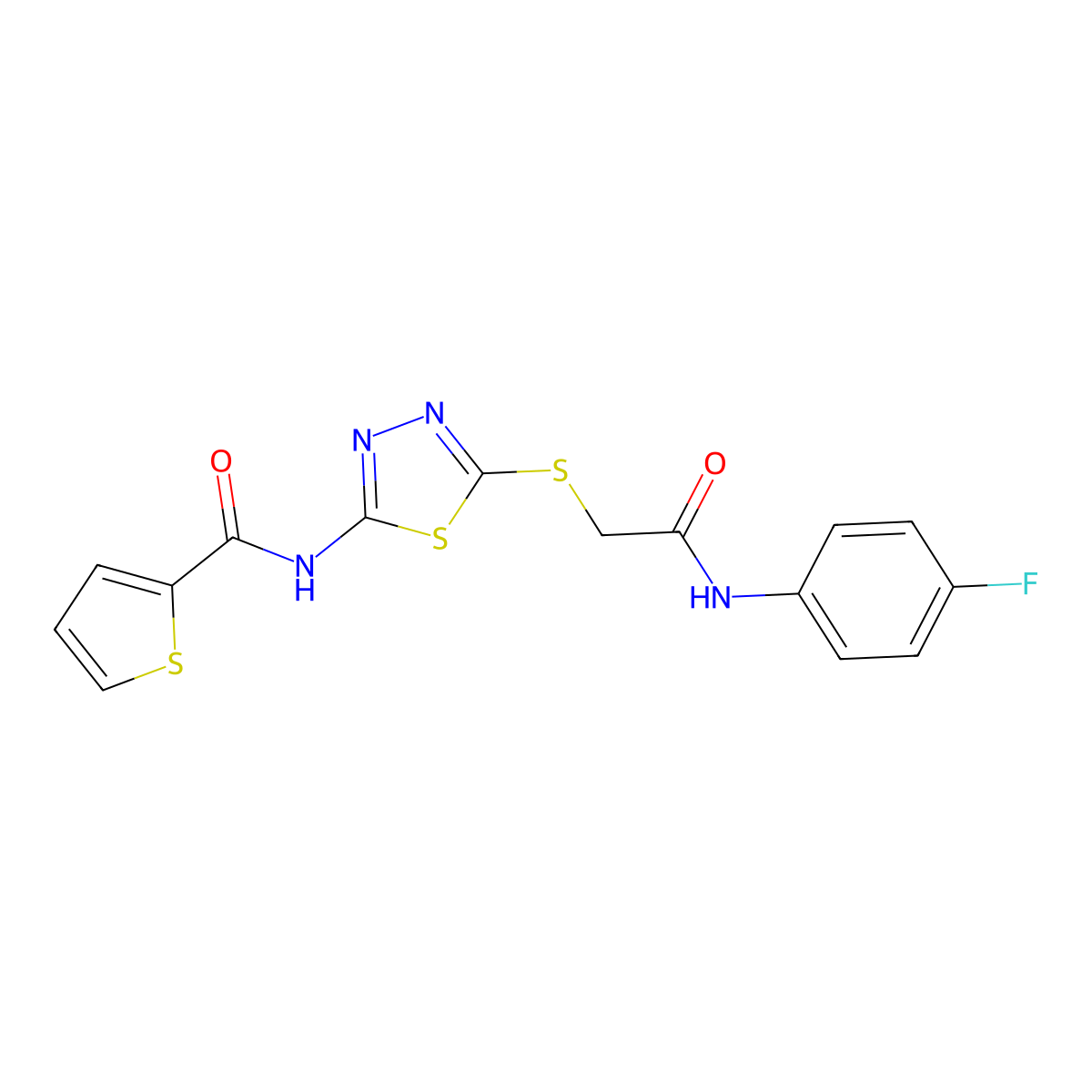 N-(5-((2-((4-fluorophenyl)amino)-2-oxoethyl)thio)-1,3,4-thiadiazol-2-yl)thiophene-2-carboxamide molecular structure, CAS 392297-49-3
