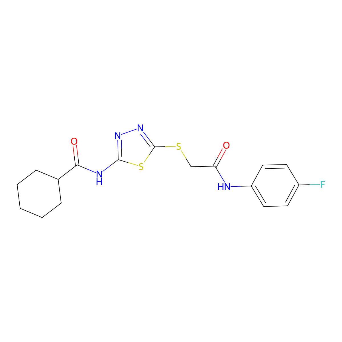 N-(5-((2-((4-fluorophenyl)amino)-2-oxoethyl)thio)-1,3,4-thiadiazol-2-yl)cyclohexanecarboxamide molecular structure, CAS 392297-50-6