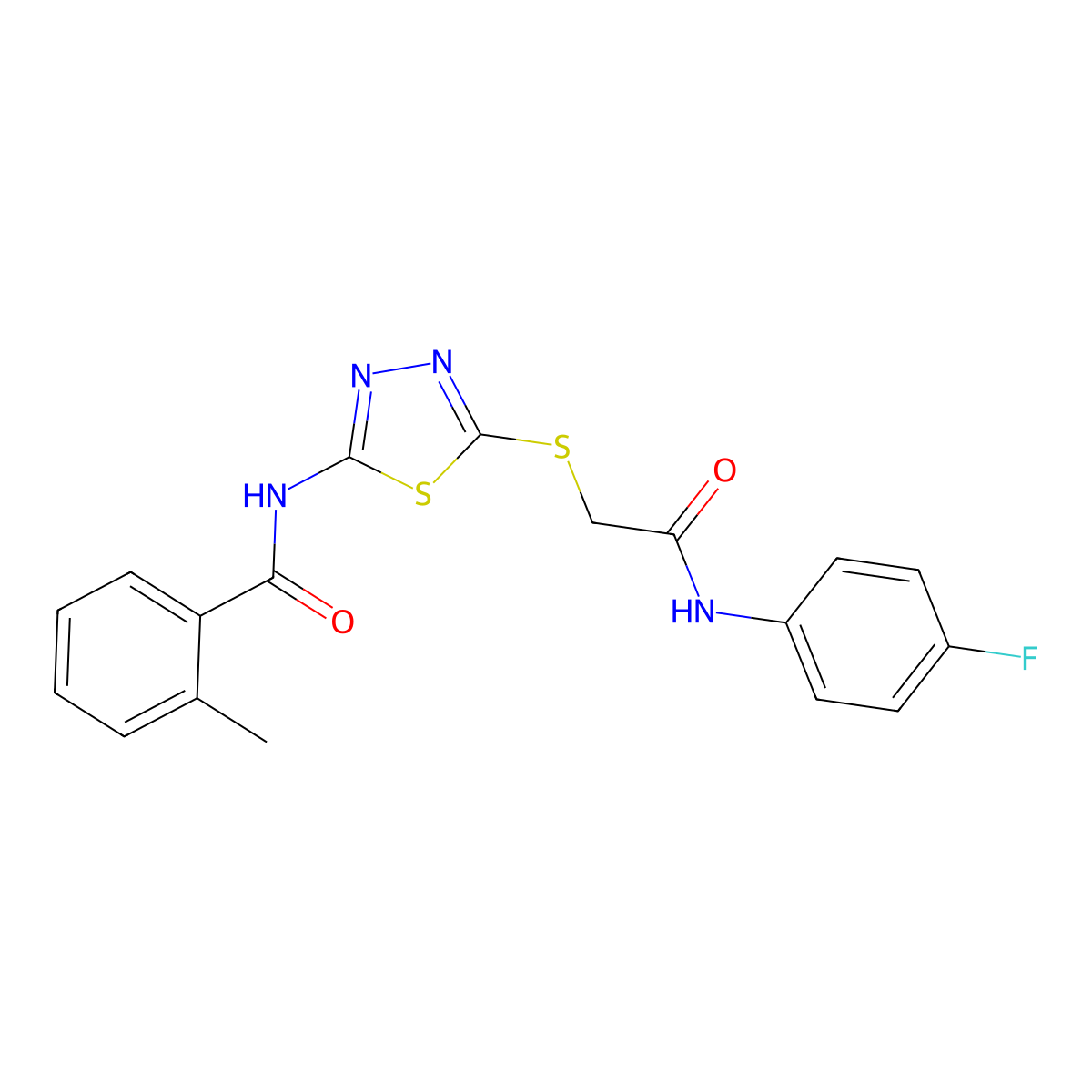 N-[5-[2-(4-fluoroanilino)-2-oxoethyl]sulfanyl-1,3,4-thiadiazol-2-yl]-2-methylbenzamide molecular structure, CAS 392297-52-8