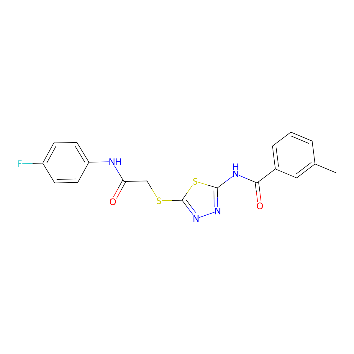 N-(5-((2-((4-fluorophenyl)amino)-2-oxoethyl)thio)-1,3,4-thiadiazol-2-yl)-3-methylbenzamide molecular structure, CAS 392297-53-9