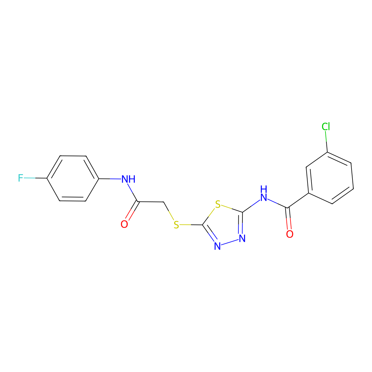 3-chloro-N-(5-((2-((4-fluorophenyl)amino)-2-oxoethyl)thio)-1,3,4-thiadiazol-2-yl)benzamide molecular structure, CAS 392297-56-2
