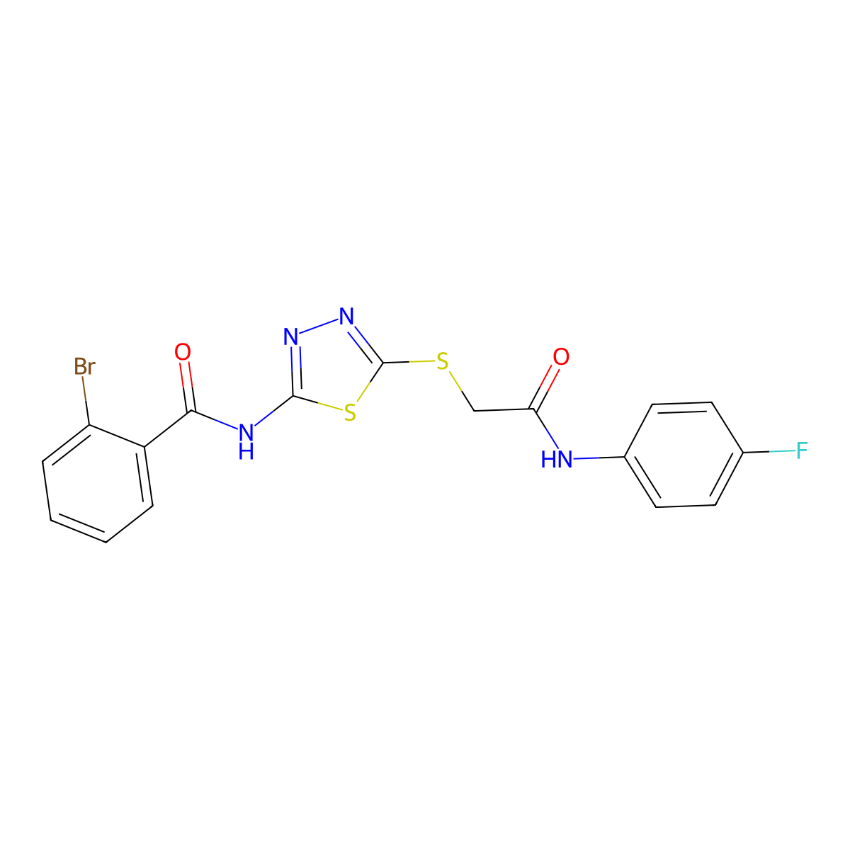 2-bromo-N-(5-((2-((4-fluorophenyl)amino)-2-oxoethyl)thio)-1,3,4-thiadiazol-2-yl)benzamide molecular structure, CAS 392297-58-4