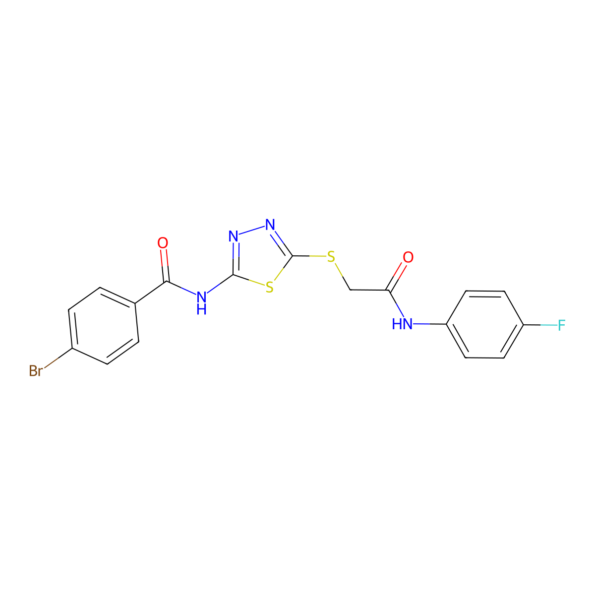4-bromo-N-(5-((2-((4-fluorophenyl)amino)-2-oxoethyl)thio)-1,3,4-thiadiazol-2-yl)benzamide molecular structure, CAS 392297-60-8