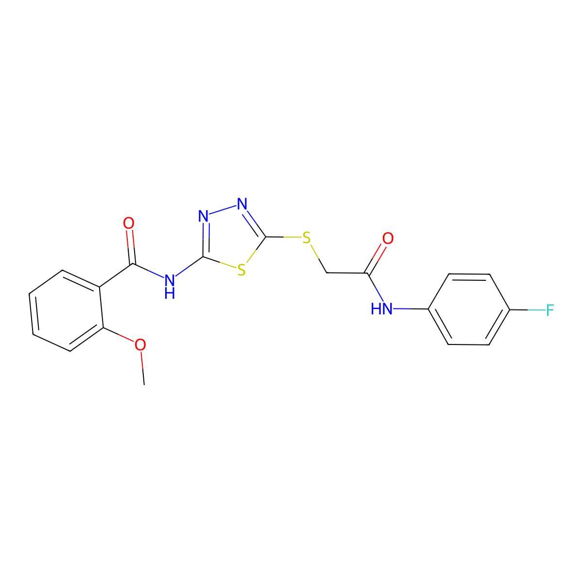 N-[5-[2-(4-fluoroanilino)-2-oxoethyl]sulfanyl-1,3,4-thiadiazol-2-yl]-2-methoxybenzamide molecular structure, CAS 392297-61-9
