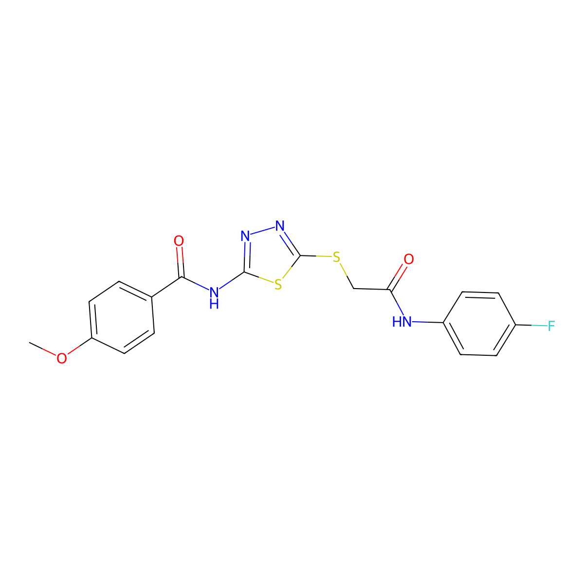 N-(5-((2-((4-fluorophenyl)amino)-2-oxoethyl)thio)-1,3,4-thiadiazol-2-yl)-4-methoxybenzamide molecular structure, CAS 392297-63-1