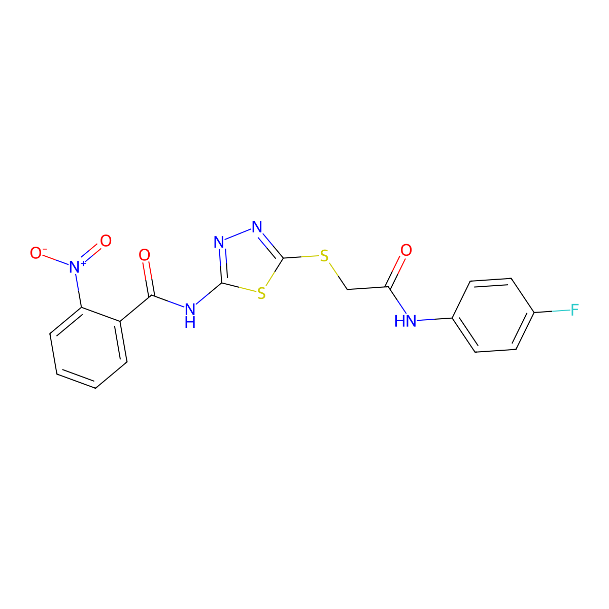 N-(5-((2-((4-fluorophenyl)amino)-2-oxoethyl)thio)-1,3,4-thiadiazol-2-yl)-2-nitrobenzamide molecular structure, CAS 392297-64-2