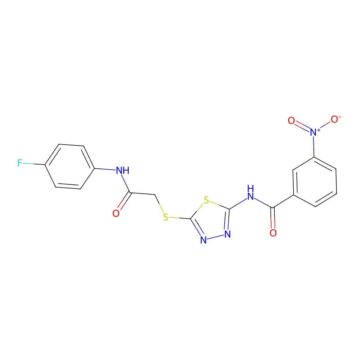 N-(5-((2-((4-fluorophenyl)amino)-2-oxoethyl)thio)-1,3,4-thiadiazol-2-yl)-3-nitrobenzamide molecular structure, CAS 392297-65-3