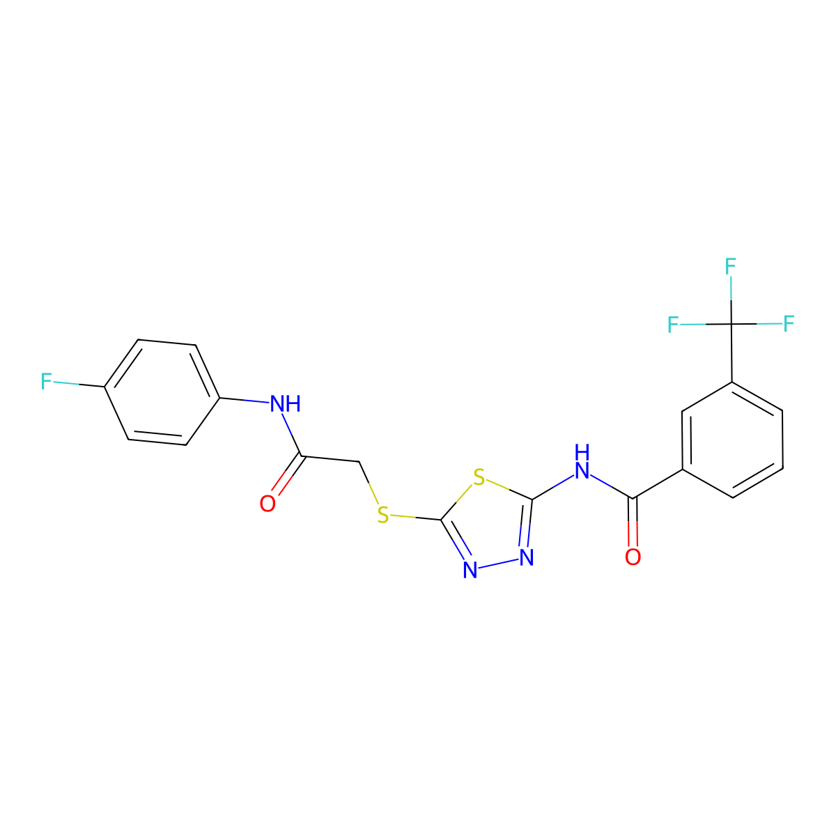N-(5-((2-((4-fluorophenyl)amino)-2-oxoethyl)thio)-1,3,4-thiadiazol-2-yl)-3-(trifluoromethyl)benzamide molecular structure, CAS 392297-70-0