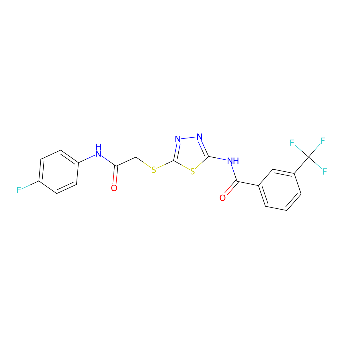 N-(5-((2-((4-fluorophenyl)amino)-2-oxoethyl)thio)-1,3,4-thiadiazol-2-yl)-3-(trifluoromethyl)benzamide molecular structure, CAS 392297-70-0