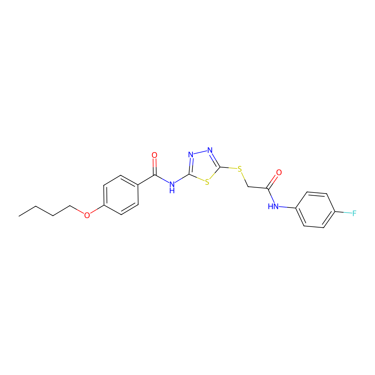 4-butoxy-N-(5-((2-((4-fluorophenyl)amino)-2-oxoethyl)thio)-1,3,4-thiadiazol-2-yl)benzamide molecular structure, CAS 392297-73-3