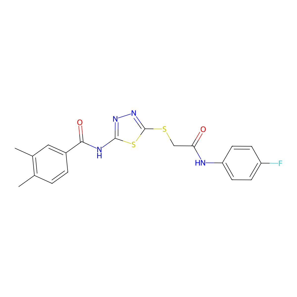 N-[5-[2-(4-fluoroanilino)-2-oxoethyl]sulfanyl-1,3,4-thiadiazol-2-yl]-3,4-dimethylbenzamide molecular structure, CAS 392297-75-5