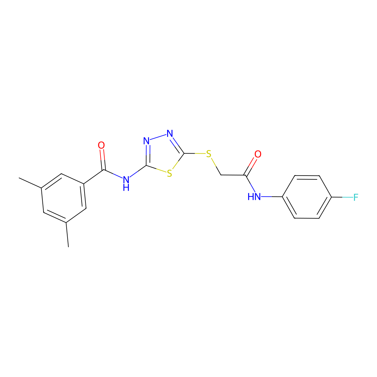 N-(5-((2-((4-fluorophenyl)amino)-2-oxoethyl)thio)-1,3,4-thiadiazol-2-yl)-3,5-dimethylbenzamide molecular structure, CAS 392297-76-6
