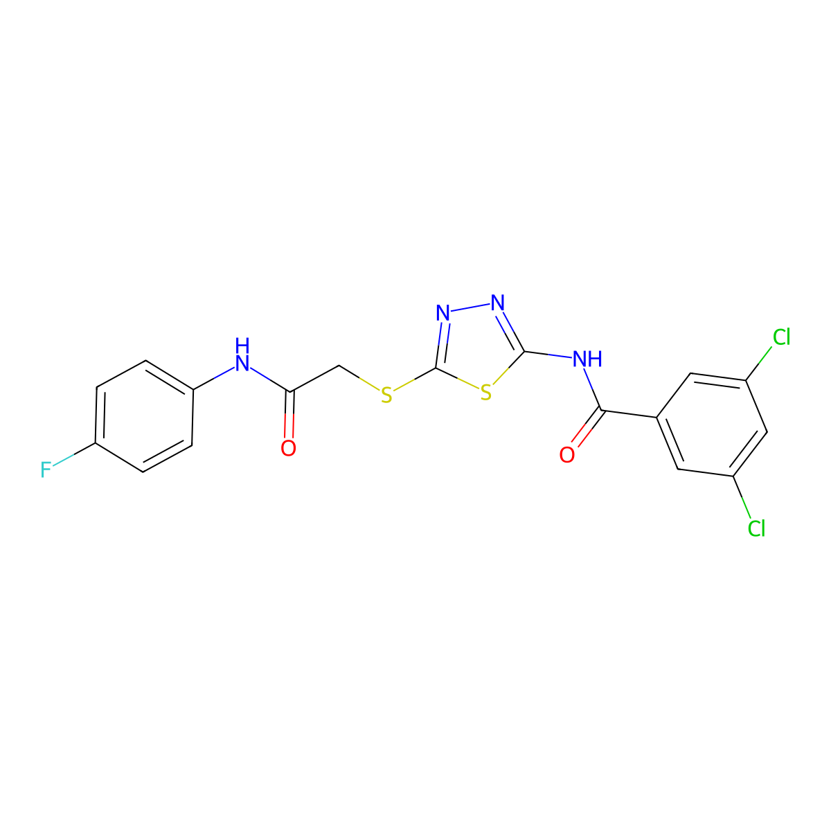 3,5-dichloro-N-[5-[2-(4-fluoroanilino)-2-oxoethyl]sulfanyl-1,3,4-thiadiazol-2-yl]benzamide molecular structure, CAS 392297-77-7