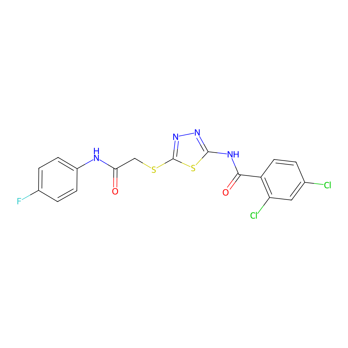 2,4-dichloro-N-(5-((2-((4-fluorophenyl)amino)-2-oxoethyl)thio)-1,3,4-thiadiazol-2-yl)benzamide molecular structure, CAS 392297-78-8