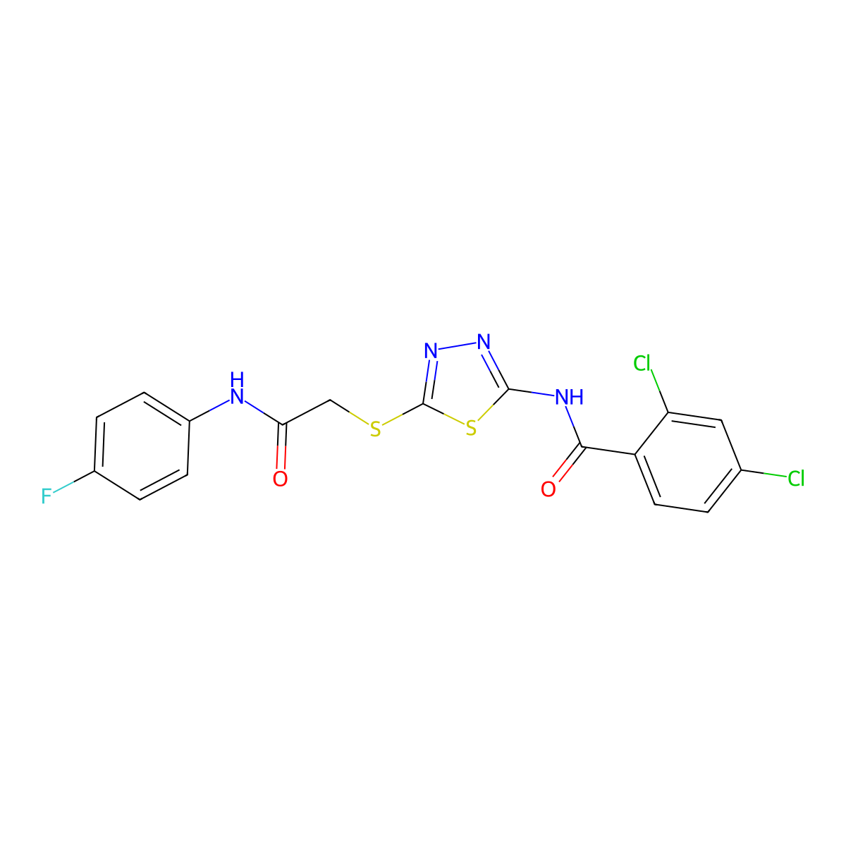 2,4-dichloro-N-(5-((2-((4-fluorophenyl)amino)-2-oxoethyl)thio)-1,3,4-thiadiazol-2-yl)benzamide molecular structure, CAS 392297-78-8