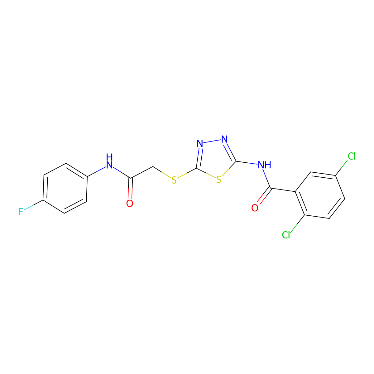 2,5-dichloro-N-(5-((2-((4-fluorophenyl)amino)-2-oxoethyl)thio)-1,3,4-thiadiazol-2-yl)benzamide molecular structure, CAS 392297-79-9