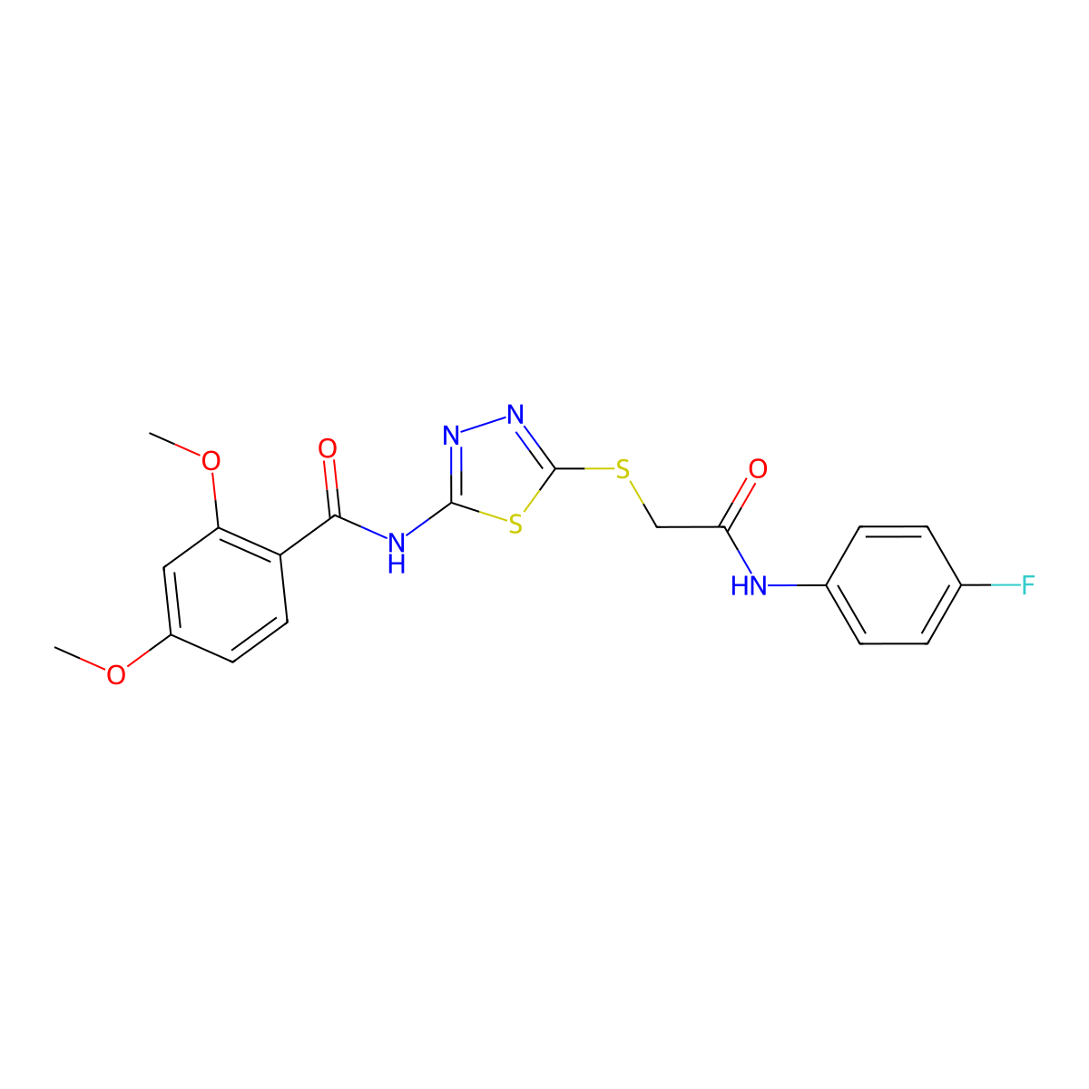 N-[5-[2-(4-fluoroanilino)-2-oxoethyl]sulfanyl-1,3,4-thiadiazol-2-yl]-2,4-dimethoxybenzamide molecular structure, CAS 392297-81-3