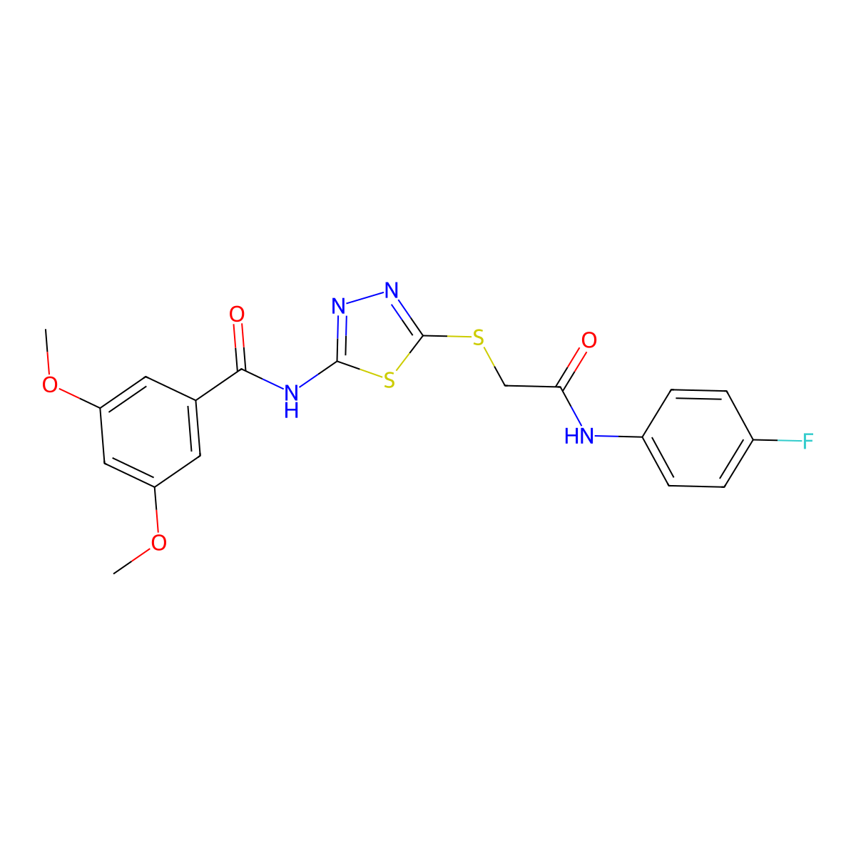 N-[5-[2-(4-fluoroanilino)-2-oxoethyl]sulfanyl-1,3,4-thiadiazol-2-yl]-3,5-dimethoxybenzamide molecular structure, CAS 392297-82-4