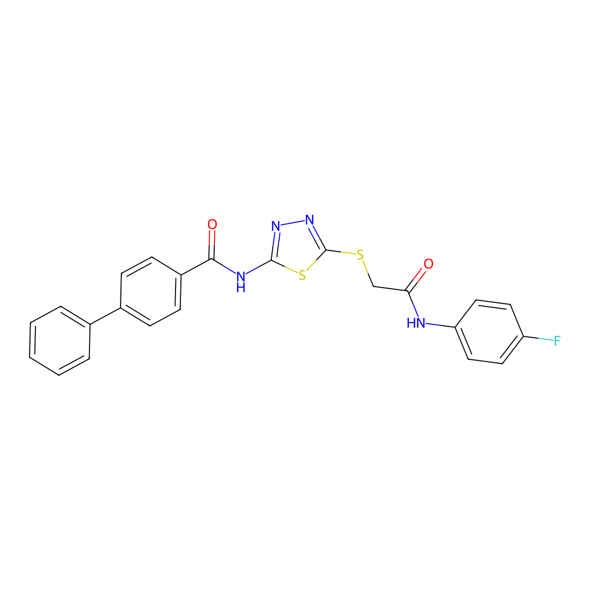 N-(5-((2-((4-fluorophenyl)amino)-2-oxoethyl)thio)-1,3,4-thiadiazol-2-yl)-[1,1'-biphenyl]-4-carboxamide molecular structure, CAS 392297-84-6