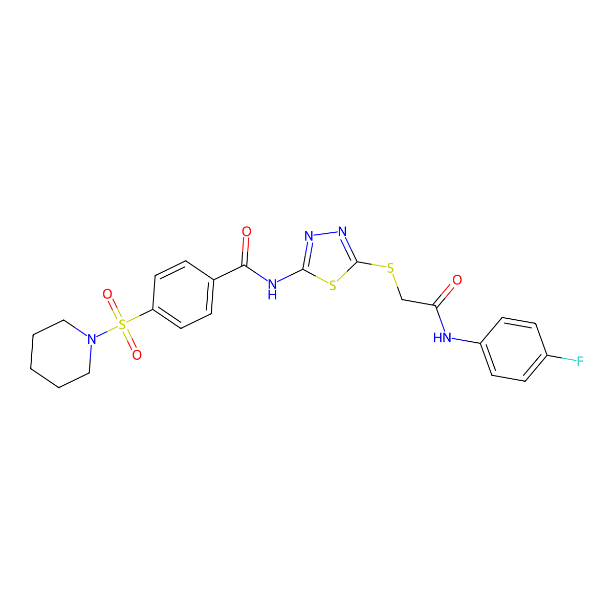 N-(5-((2-((4-fluorophenyl)amino)-2-oxoethyl)thio)-1,3,4-thiadiazol-2-yl)-4-(piperidin-1-ylsulfonyl)benzamide molecular structure, CAS 392297-87-9