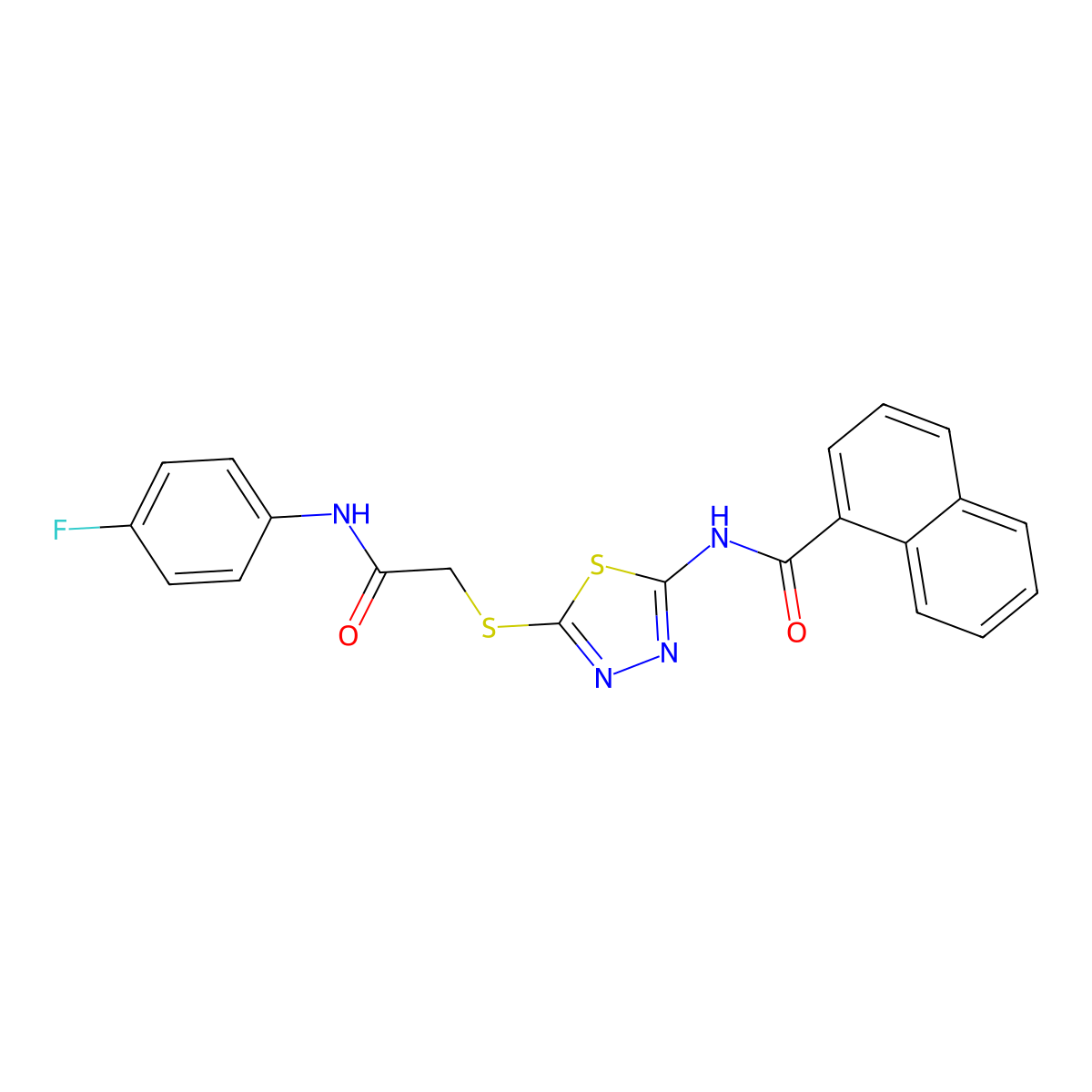 N-(5-((2-((4-fluorophenyl)amino)-2-oxoethyl)thio)-1,3,4-thiadiazol-2-yl)-1-naphthamide molecular structure, CAS 392297-90-4