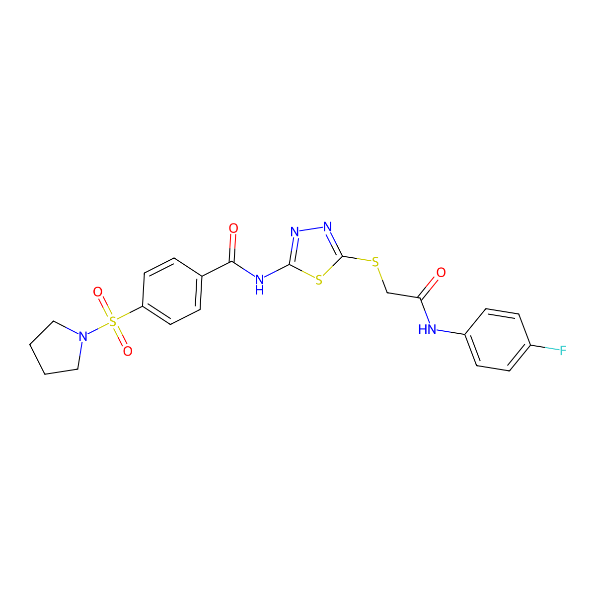N-(5-((2-((4-fluorophenyl)amino)-2-oxoethyl)thio)-1,3,4-thiadiazol-2-yl)-4-(pyrrolidin-1-ylsulfonyl)benzamide molecular structure, CAS 392297-92-6