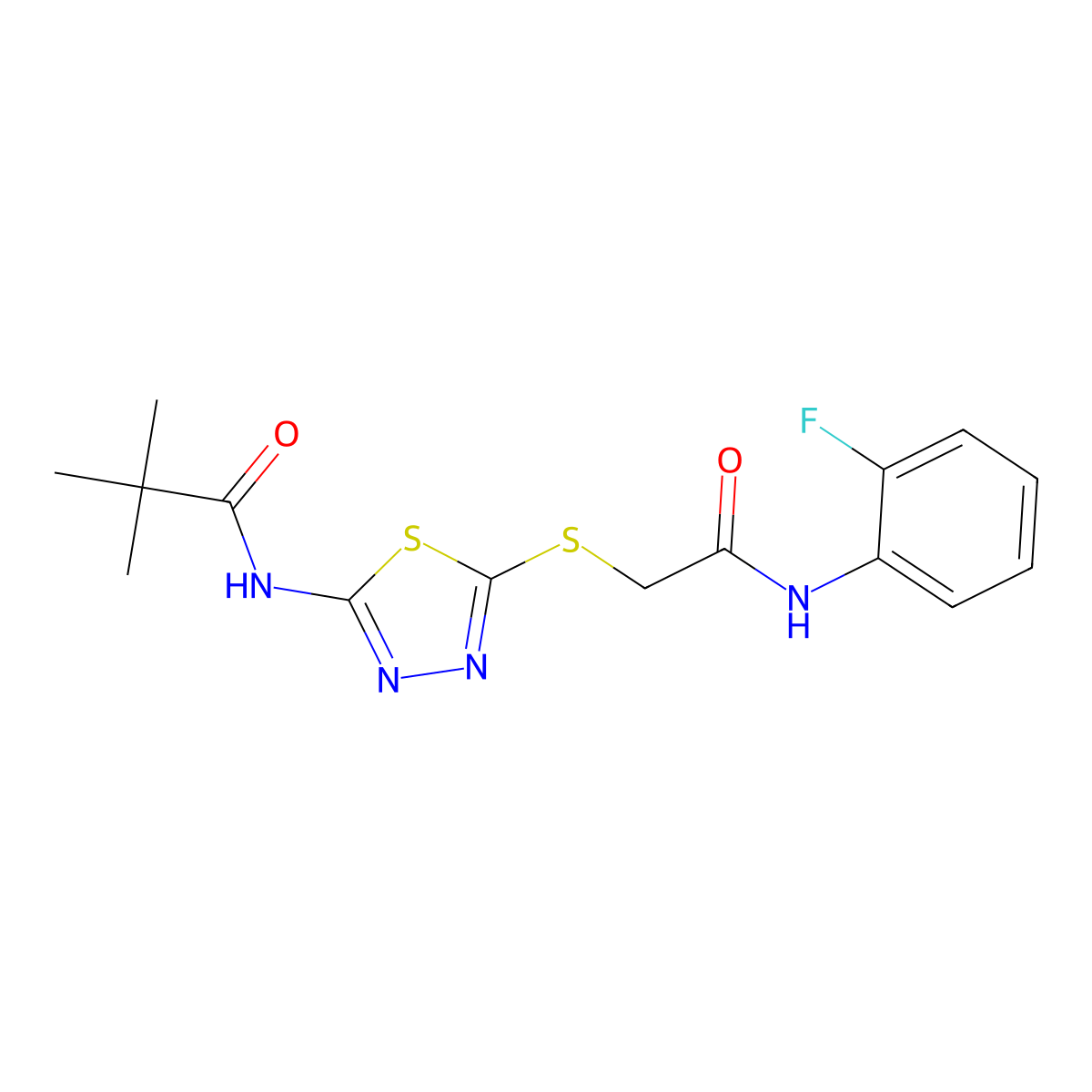 N-(5-((2-((2-fluorophenyl)amino)-2-oxoethyl)thio)-1,3,4-thiadiazol-2-yl)pivalamide molecular structure, CAS 392297-96-0