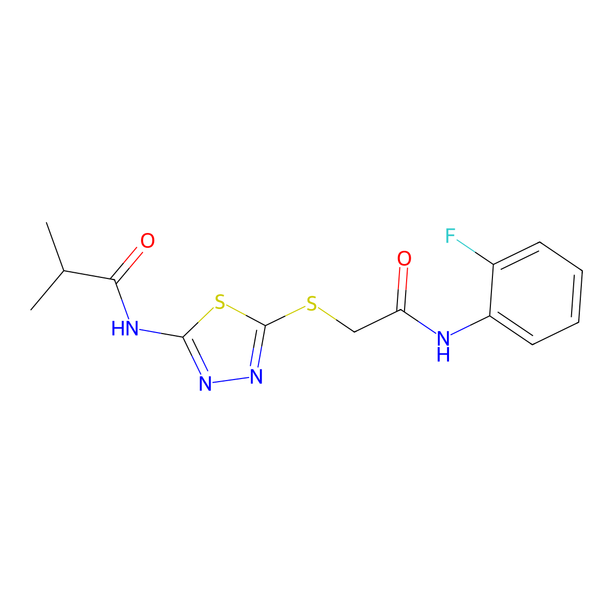 N-(5-((2-((2-fluorophenyl)amino)-2-oxoethyl)thio)-1,3,4-thiadiazol-2-yl)isobutyramide molecular structure, CAS 392297-97-1
