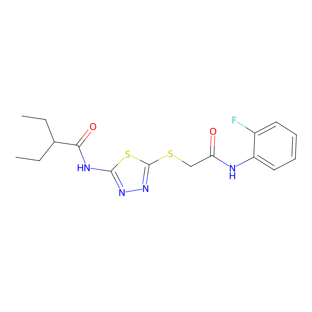 2-ethyl-N-(5-((2-((2-fluorophenyl)amino)-2-oxoethyl)thio)-1,3,4-thiadiazol-2-yl)butanamide molecular structure, CAS 392297-99-3