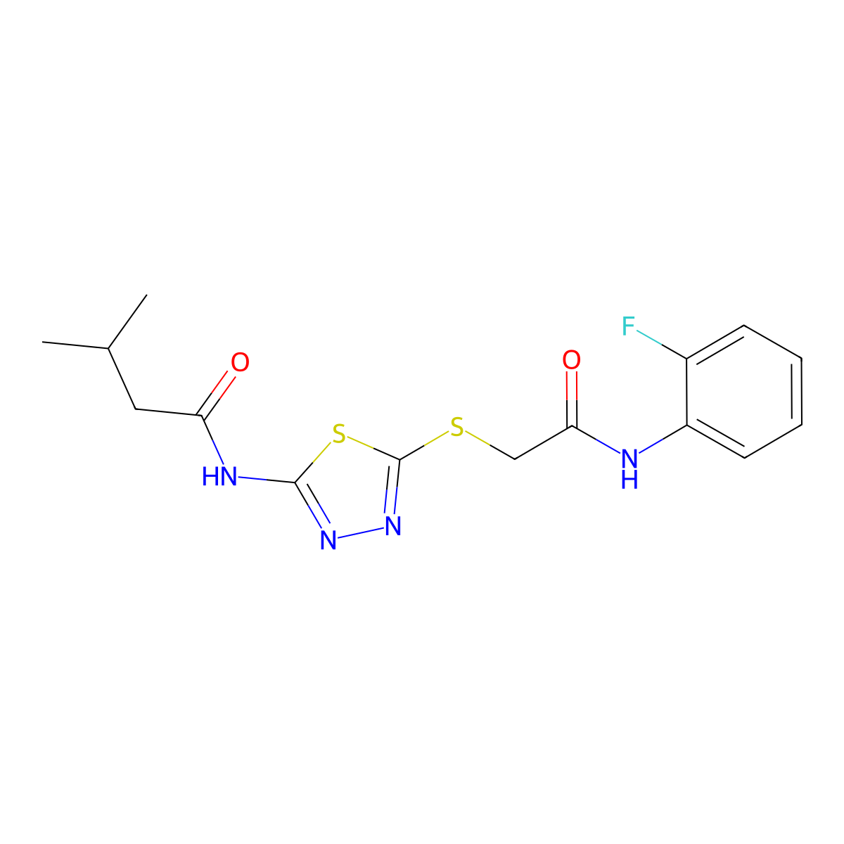 N-(5-((2-((2-fluorophenyl)amino)-2-oxoethyl)thio)-1,3,4-thiadiazol-2-yl)-3-methylbutanamide molecular structure, CAS 392298-01-0