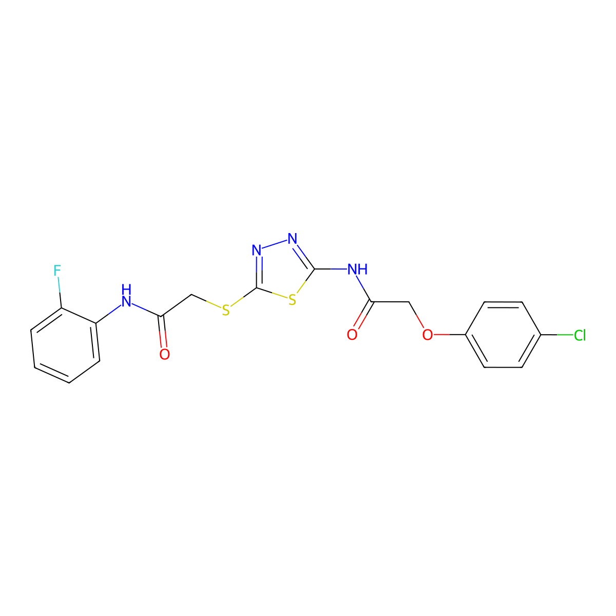2-(4-chlorophenoxy)-N-[5-[2-(2-fluoroanilino)-2-oxoethyl]sulfanyl-1,3,4-thiadiazol-2-yl]acetamide molecular structure, CAS 392298-03-2