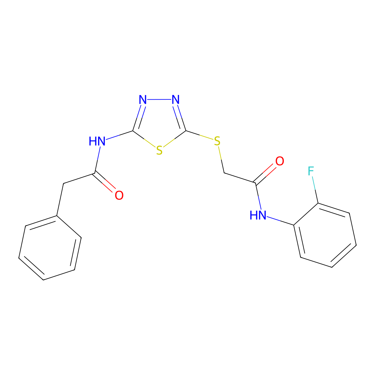 N-(2-fluorophenyl)-2-((5-(2-phenylacetamido)-1,3,4-thiadiazol-2-yl)thio)acetamide molecular structure, CAS 392298-04-3