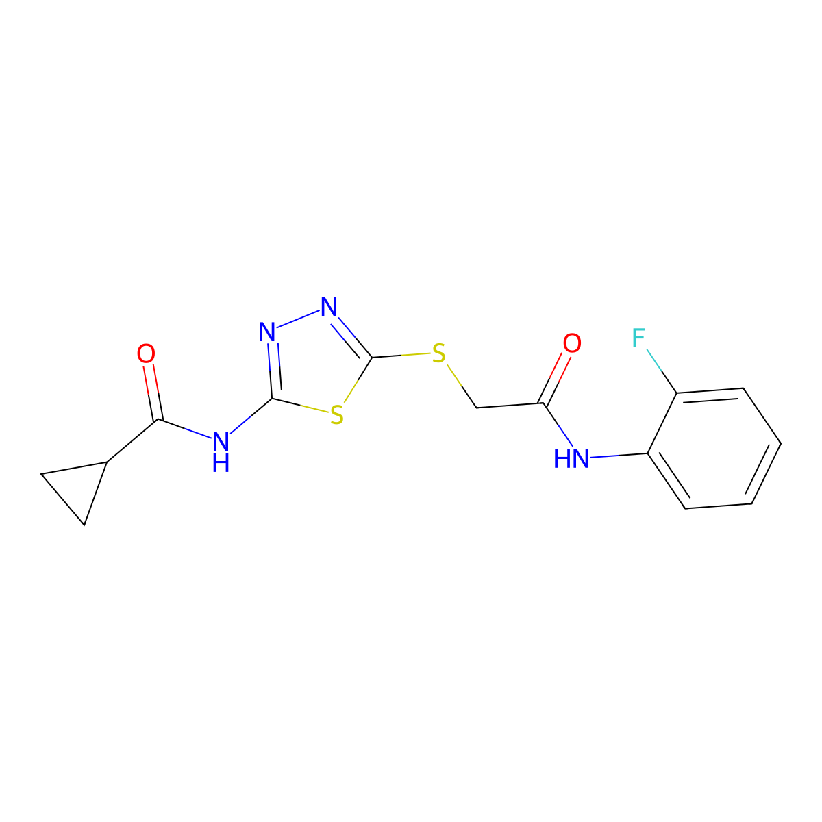 N-(5-((2-((2-fluorophenyl)amino)-2-oxoethyl)thio)-1,3,4-thiadiazol-2-yl)cyclopropanecarboxamide molecular structure, CAS 392298-06-5