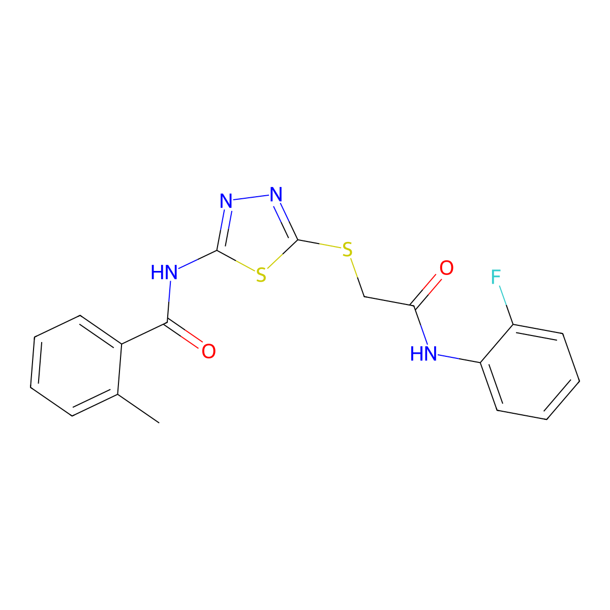 N-(5-((2-((2-fluorophenyl)amino)-2-oxoethyl)thio)-1,3,4-thiadiazol-2-yl)-2-methylbenzamide molecular structure, CAS 392298-11-2