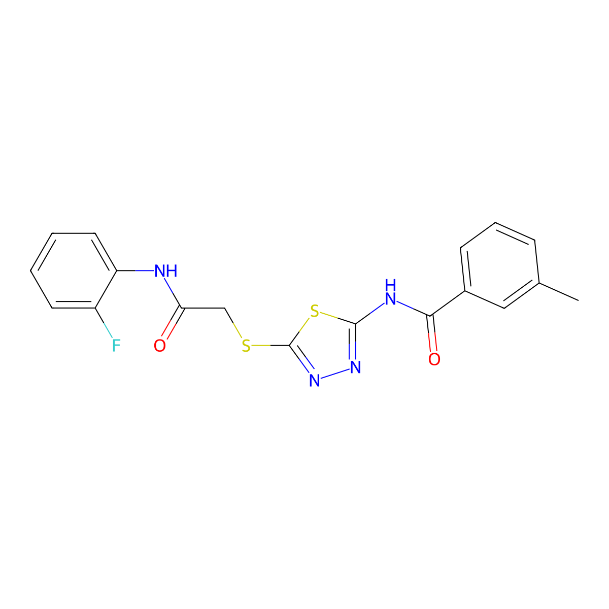 N-[5-[[2-[(2-Fluorophenyl)amino]-2-oxoethyl]thio]-1,3,4-thiadiazol-2-yl]-3-methylbenzamide molecular structure, CAS 392298-45-2