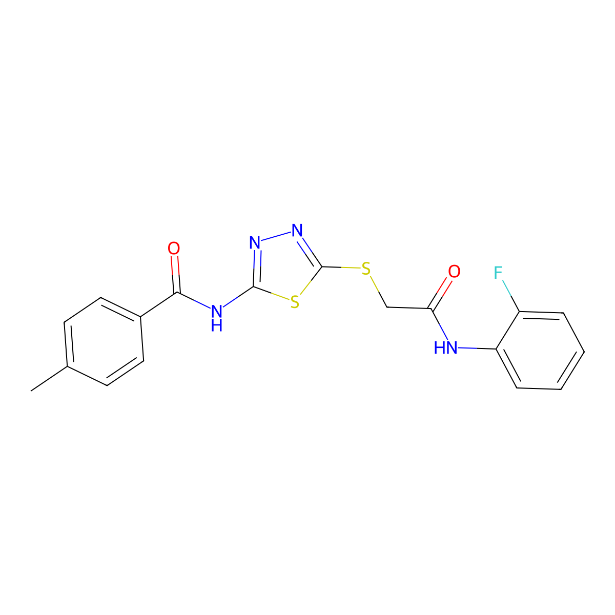 N-[5-[2-(2-fluoroanilino)-2-oxoethyl]sulfanyl-1,3,4-thiadiazol-2-yl]-4-methylbenzamide molecular structure, CAS 392298-46-3