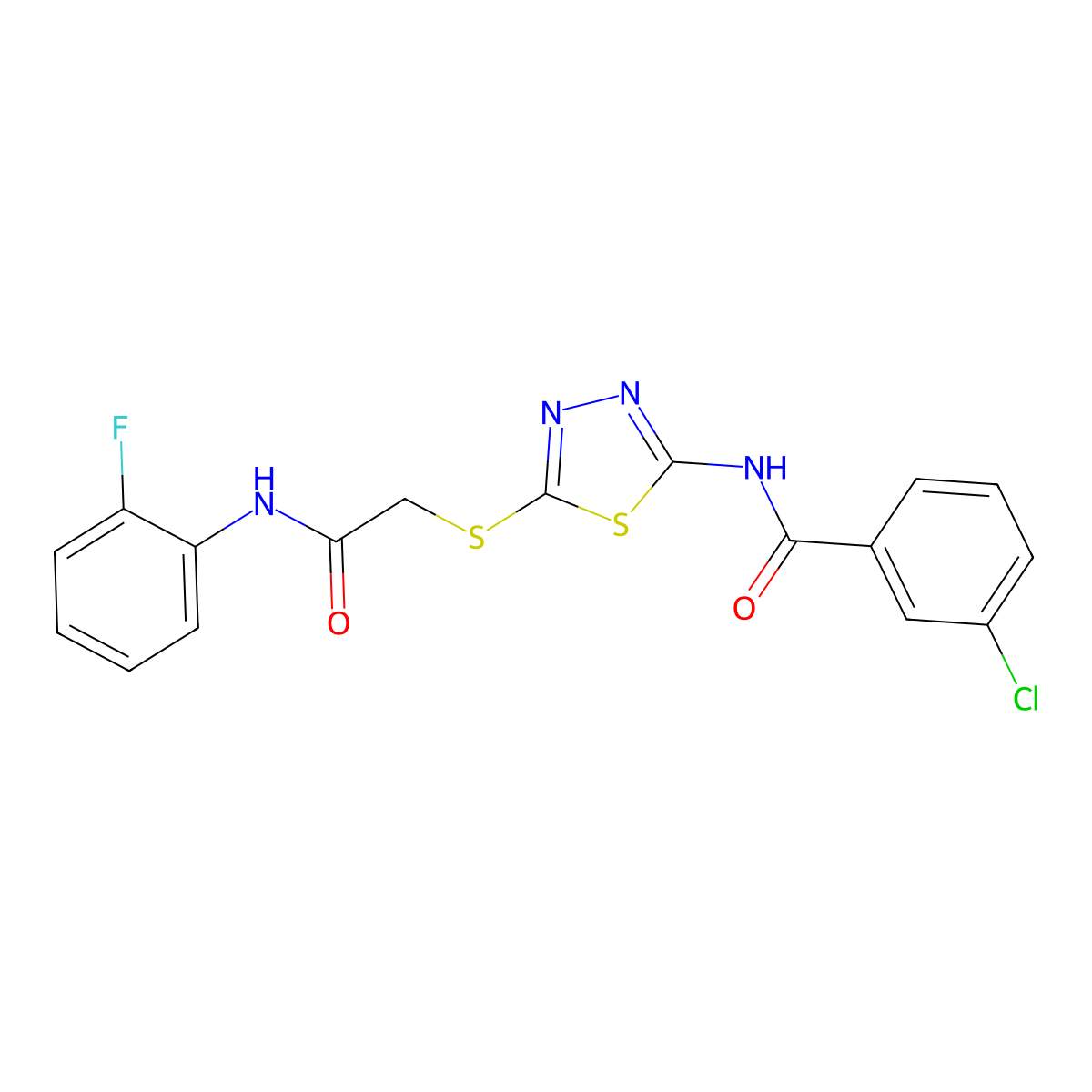 3-chloro-N-[5-[2-(2-fluoroanilino)-2-oxoethyl]sulfanyl-1,3,4-thiadiazol-2-yl]benzamide molecular structure, CAS 392298-48-5