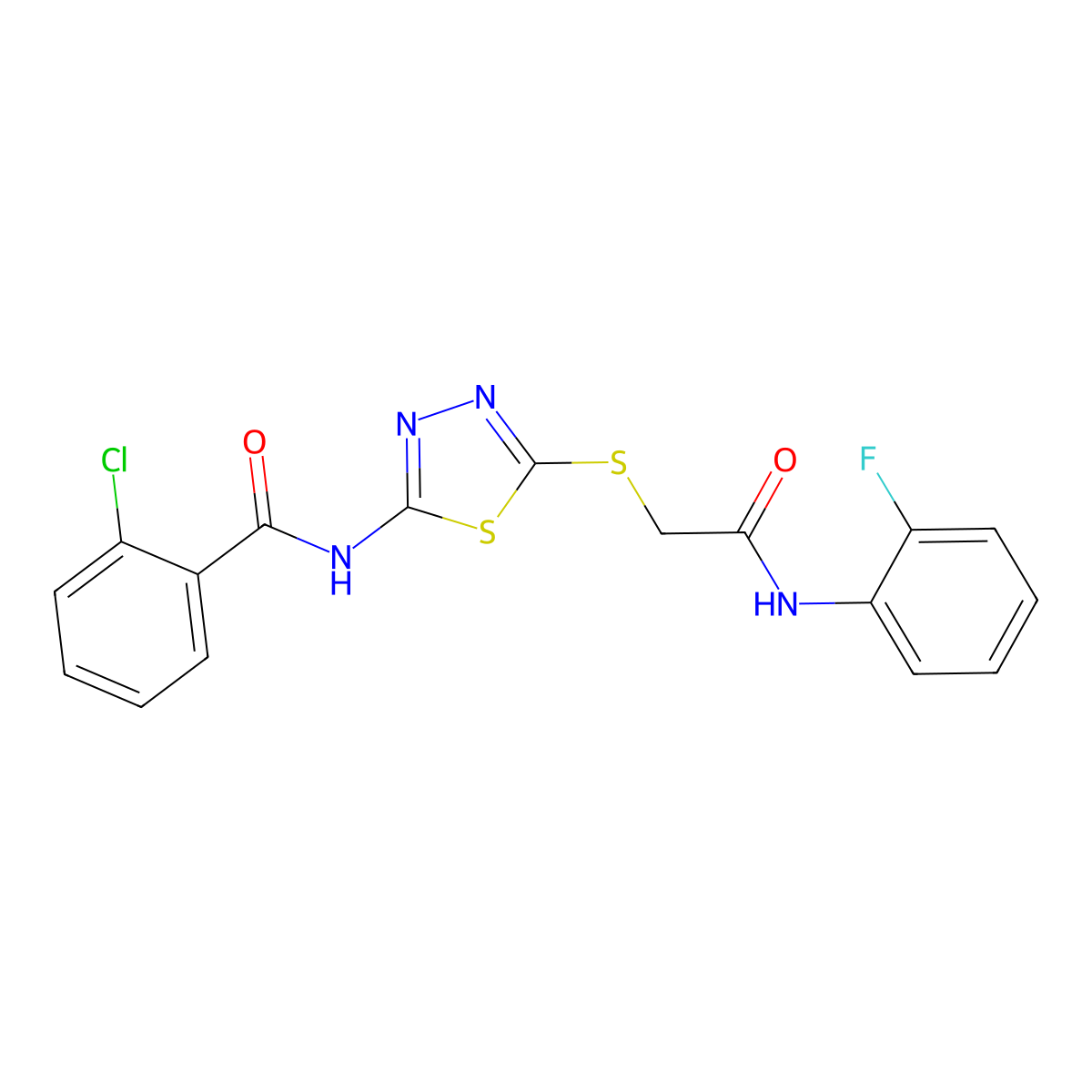 2-chloro-N-[5-[2-(2-fluoroanilino)-2-oxoethyl]sulfanyl-1,3,4-thiadiazol-2-yl]benzamide molecular structure, CAS 392298-49-6