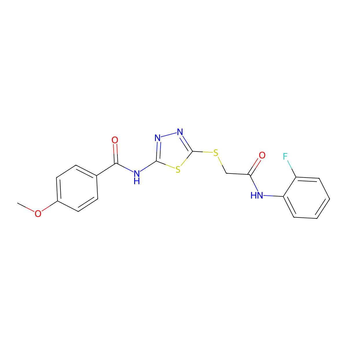 N-(5-((2-((2-fluorophenyl)amino)-2-oxoethyl)thio)-1,3,4-thiadiazol-2-yl)-4-methoxybenzamide molecular structure, CAS 392298-54-3