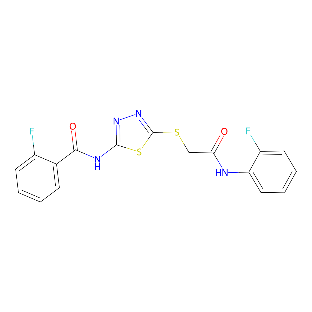 2-fluoro-N-(5-((2-((2-fluorophenyl)amino)-2-oxoethyl)thio)-1,3,4-thiadiazol-2-yl)benzamide molecular structure, CAS 392298-58-7
