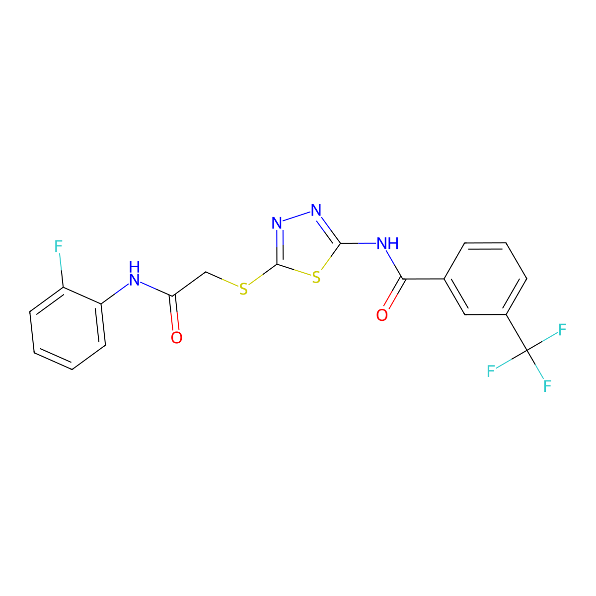 N-(5-((2-((2-fluorophenyl)amino)-2-oxoethyl)thio)-1,3,4-thiadiazol-2-yl)-3-(trifluoromethyl)benzamide molecular structure, CAS 392298-61-2