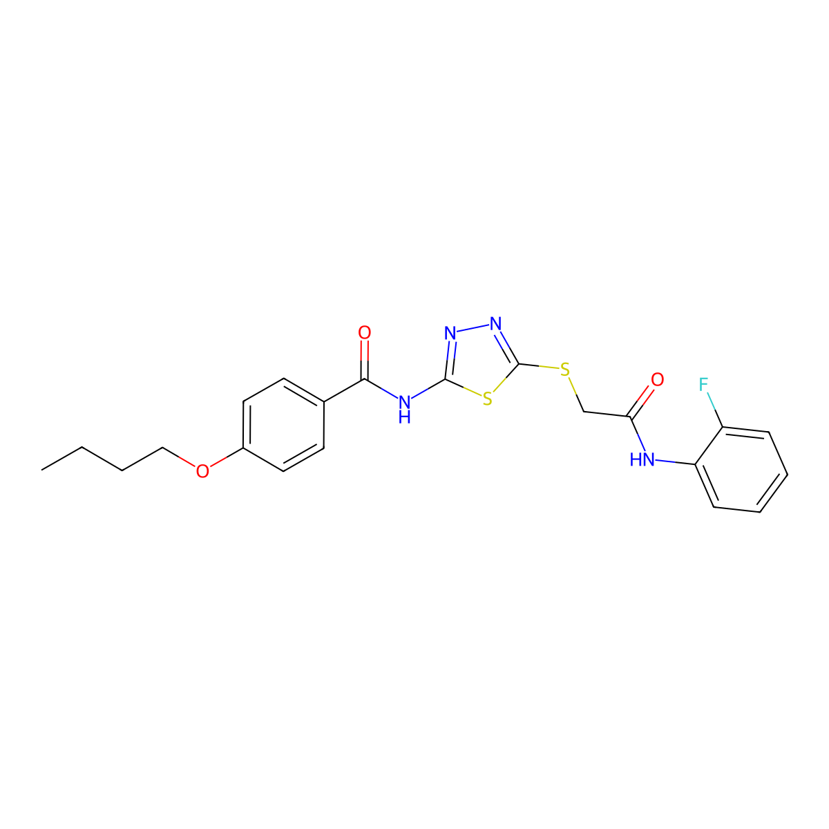4-butoxy-N-[5-[2-(2-fluoroanilino)-2-oxoethyl]sulfanyl-1,3,4-thiadiazol-2-yl]benzamide molecular structure, CAS 392298-65-6