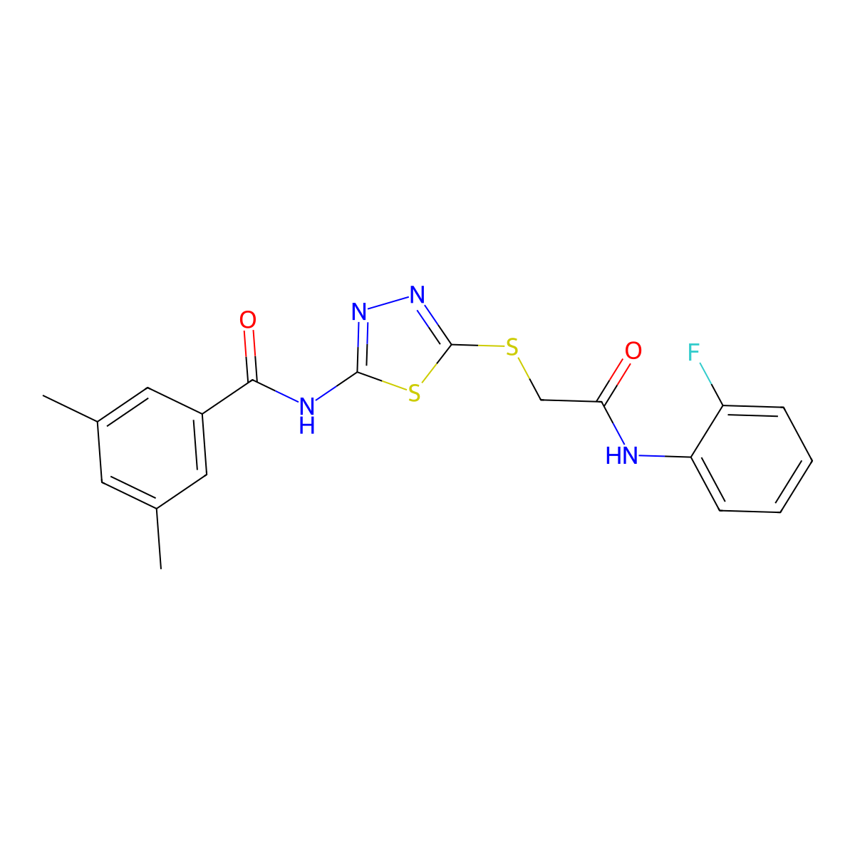 N-(5-((2-((2-fluorophenyl)amino)-2-oxoethyl)thio)-1,3,4-thiadiazol-2-yl)-3,5-dimethylbenzamide molecular structure, CAS 392298-67-8