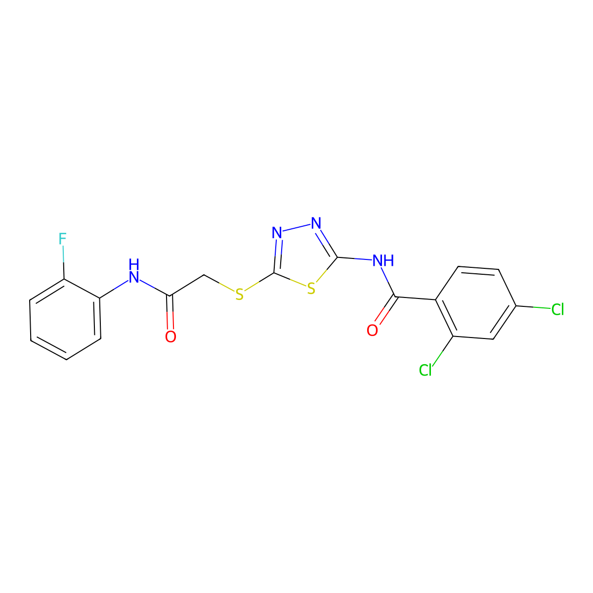 2,4-dichloro-N-(5-((2-((2-fluorophenyl)amino)-2-oxoethyl)thio)-1,3,4-thiadiazol-2-yl)benzamide molecular structure, CAS 392298-69-0