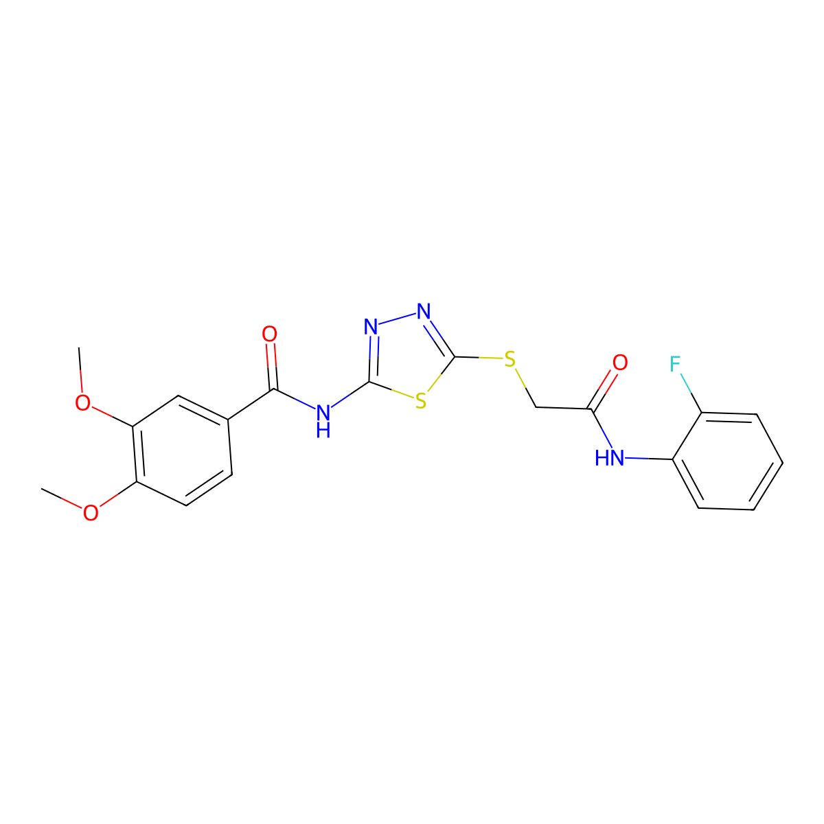 N-[5-[2-(2-fluoroanilino)-2-oxoethyl]sulfanyl-1,3,4-thiadiazol-2-yl]-3,4-dimethoxybenzamide molecular structure, CAS 392298-70-3