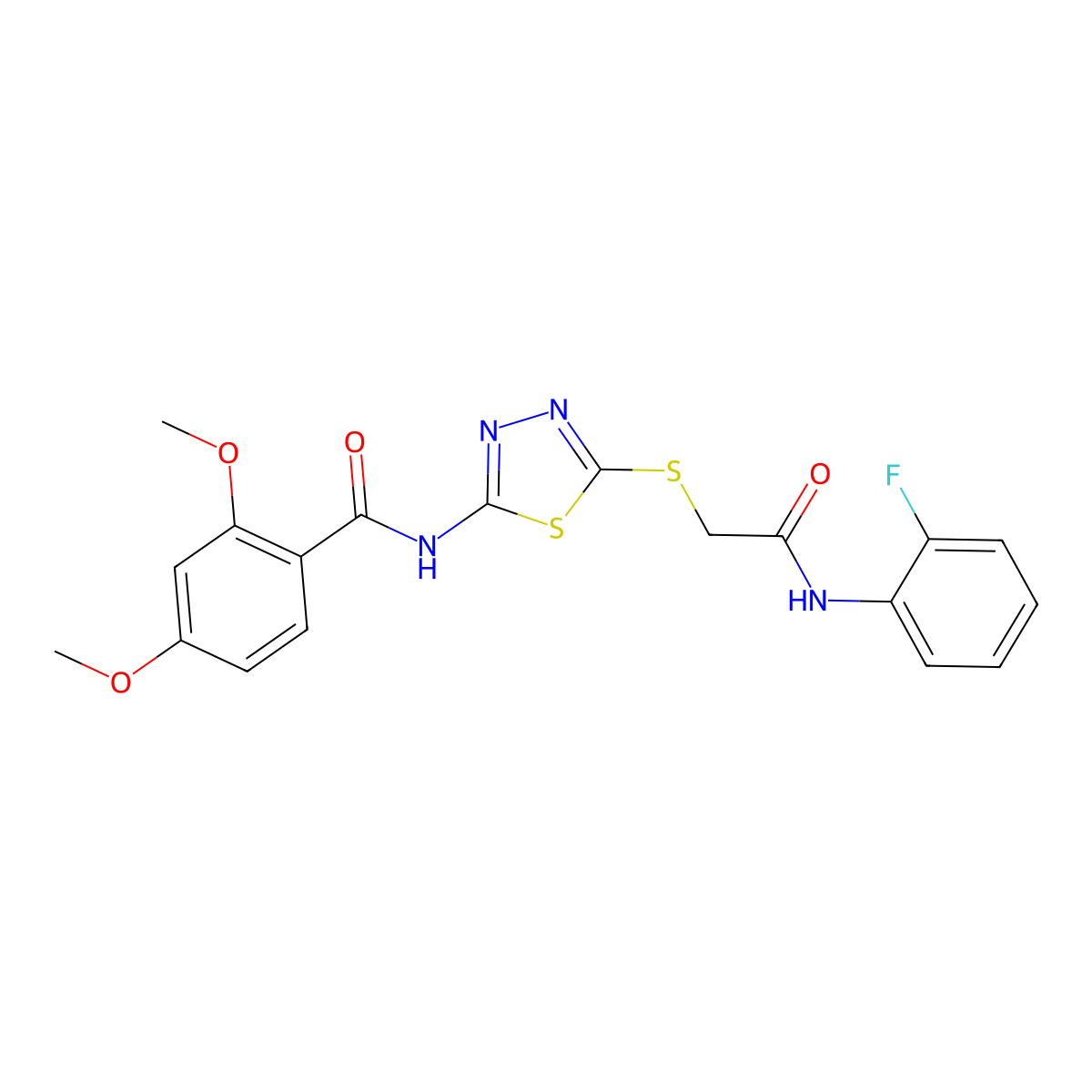 N-[5-[2-(2-fluoroanilino)-2-oxoethyl]sulfanyl-1,3,4-thiadiazol-2-yl]-2,4-dimethoxybenzamide molecular structure, CAS 392298-71-4